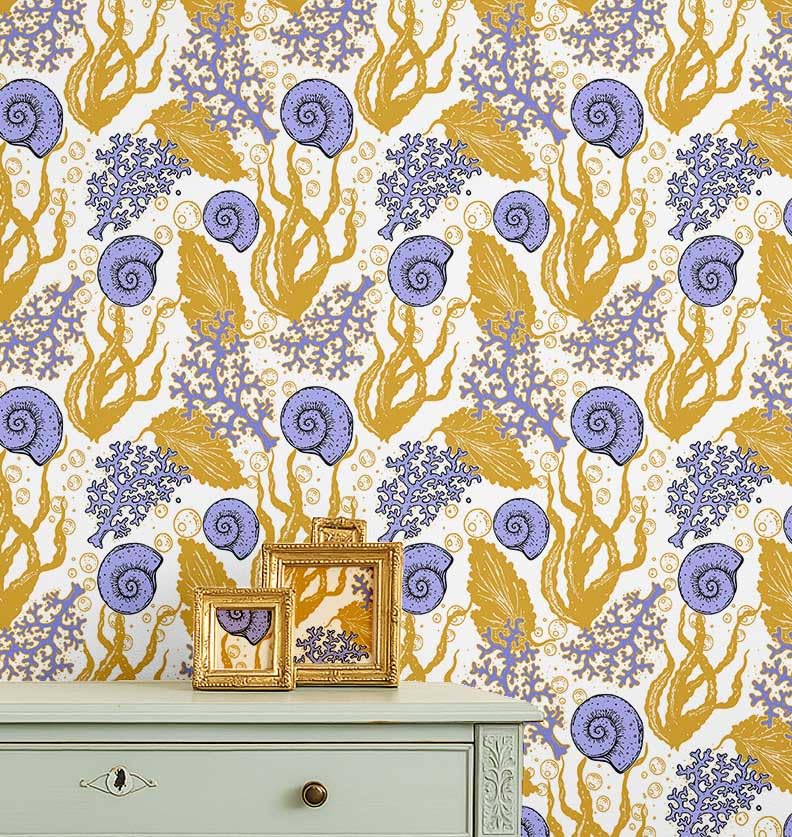 Revêtement mural autocollant haut de gamme design coquillages jaune