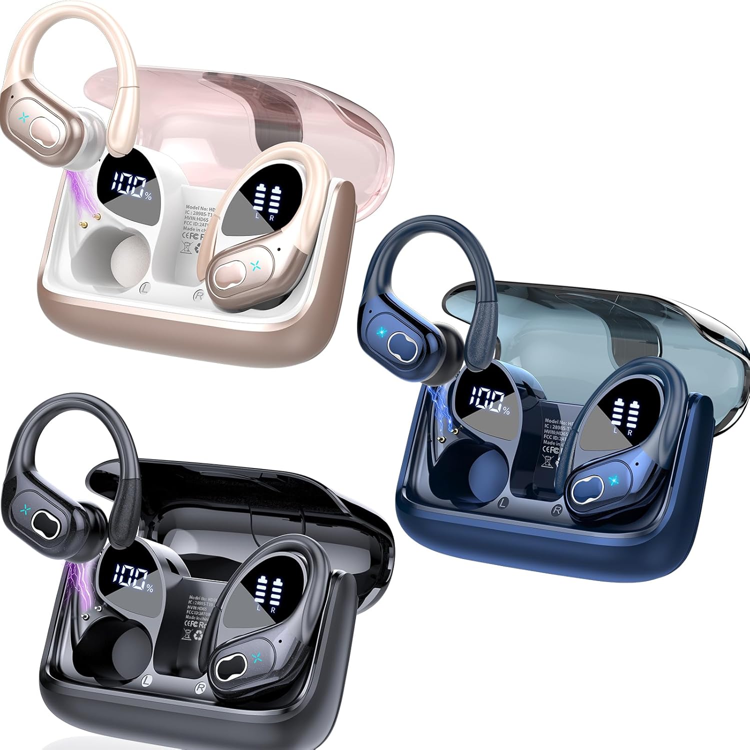 3 Sets Wireless Earbuds Sport, Bluetooth 5.4 Over Ear Buds Stereo Deep Bass Over Ear Bud with Earhooks, 75H Wireless Earphones with Mic, IPX7 Waterproof Earphone for Sports Black+Rose Gold+Blue