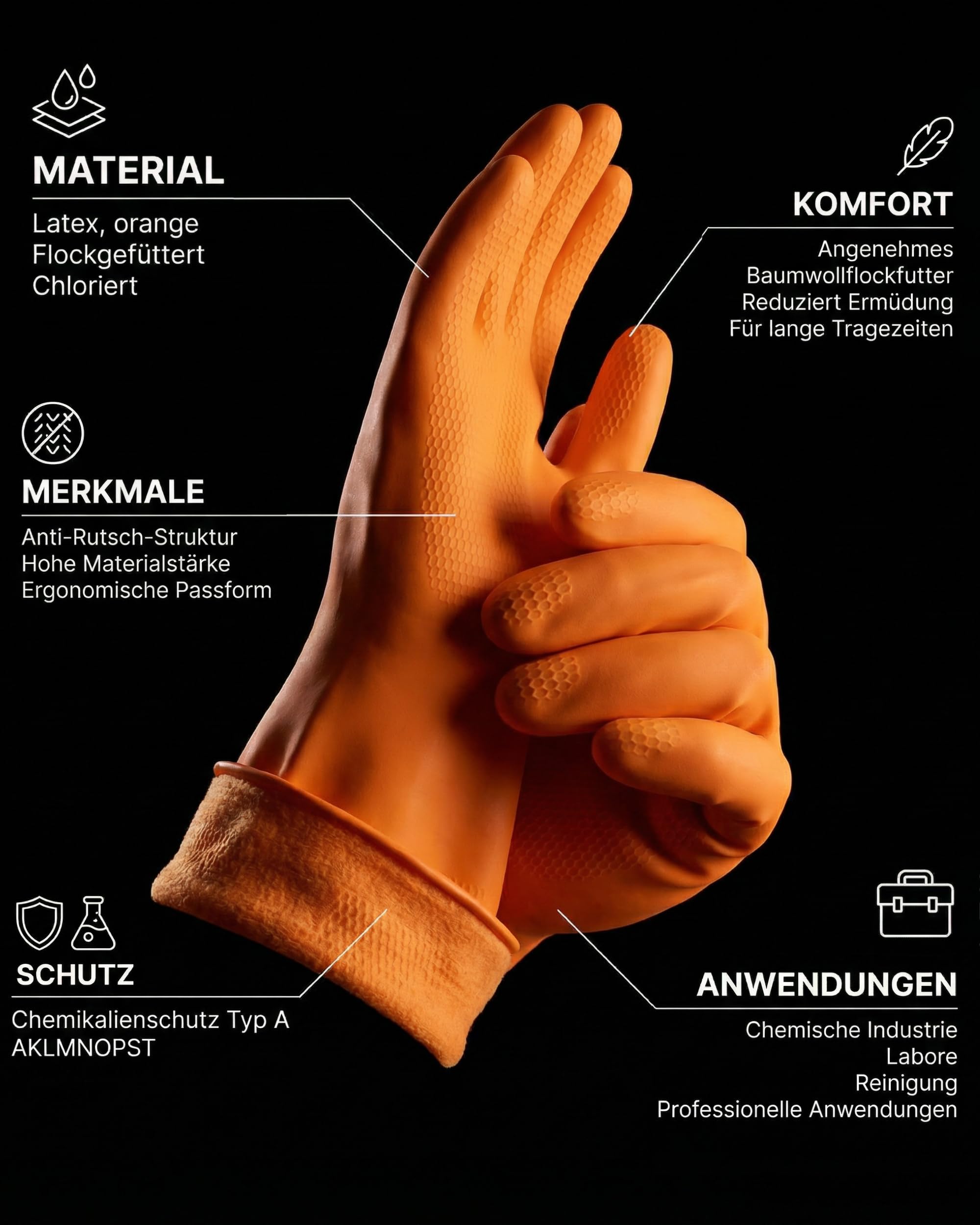 Hi5 X-Chem Chemikalienschutzhandschuhe Typ A – AKLMNPST – Naturkautschuk 0,70 mm – flockgefüttert – Anti-Rutsch – EN 374–1 Typ A & EN 388 – orange (XXL, 12, stück)