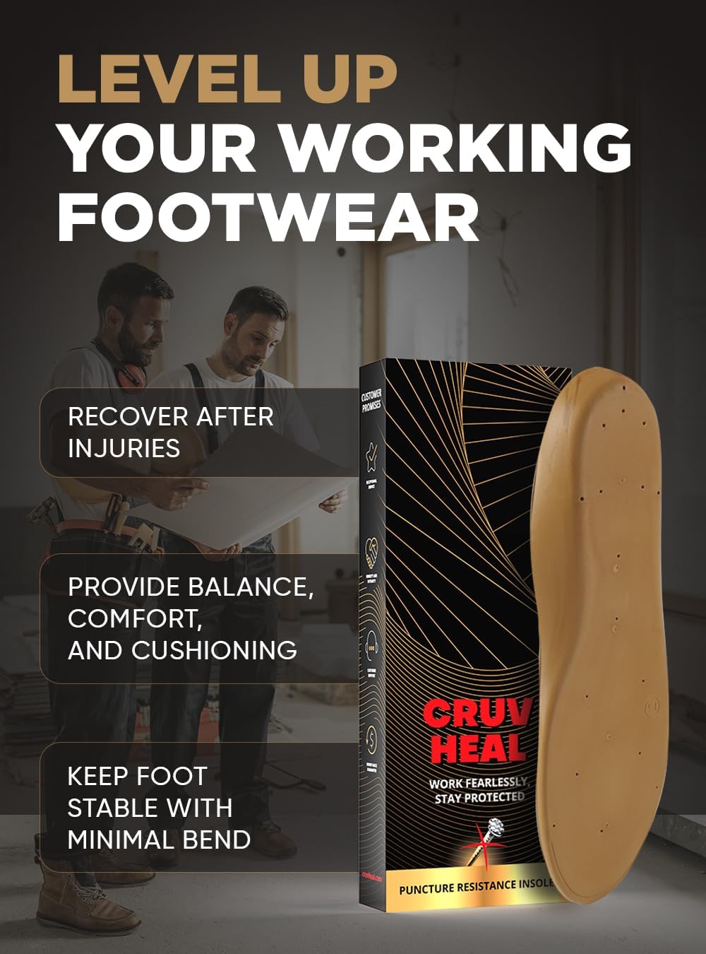 CRUVHEAL Puncture Resistant Work Insole - Nail Proof - Steel Toe Inserts - Work Boot Insoles for Men and Women - Insoles Standing All Day - Flat Feet (S, Yellow)
