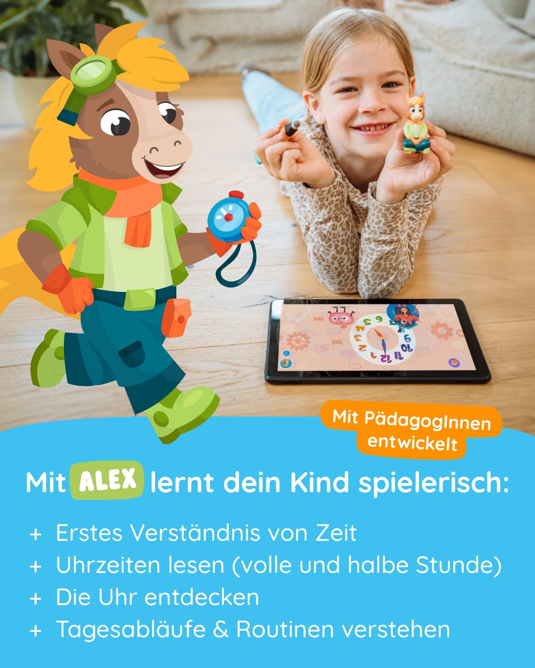 Edurino Figur Alex Die Uhr Lernen ab 4 Jahren inkl. App | Innovatives und digitales Lernspiel | Erstes Verständnis von Zeit | Tagesabläufe & Routinen | Uhrzeiten lesen (volle und halbe Stunde)