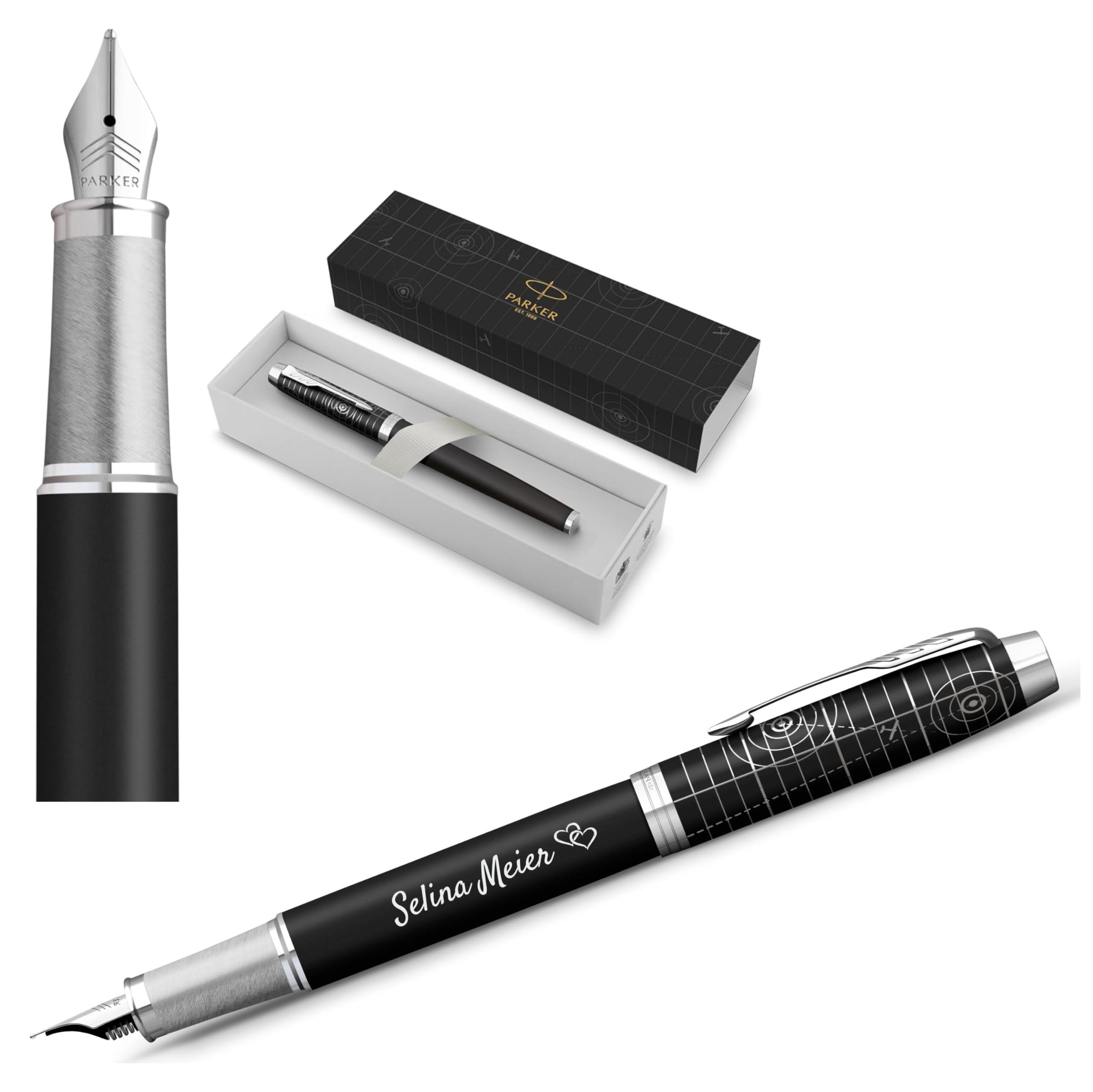PARKER IM Legacy of Flight - Penna stilografica, collezione Legacy of Flight, colore nero opaco con acciaio inossidabile e cromo, incisione laser, personalizzabile con incisione, inclusa confezione