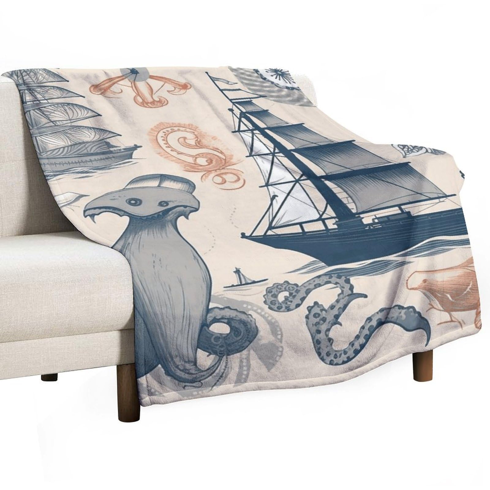 Couverture polaire en flanelle 127x177 plaid toutes saisons motif voilier et pieuvre