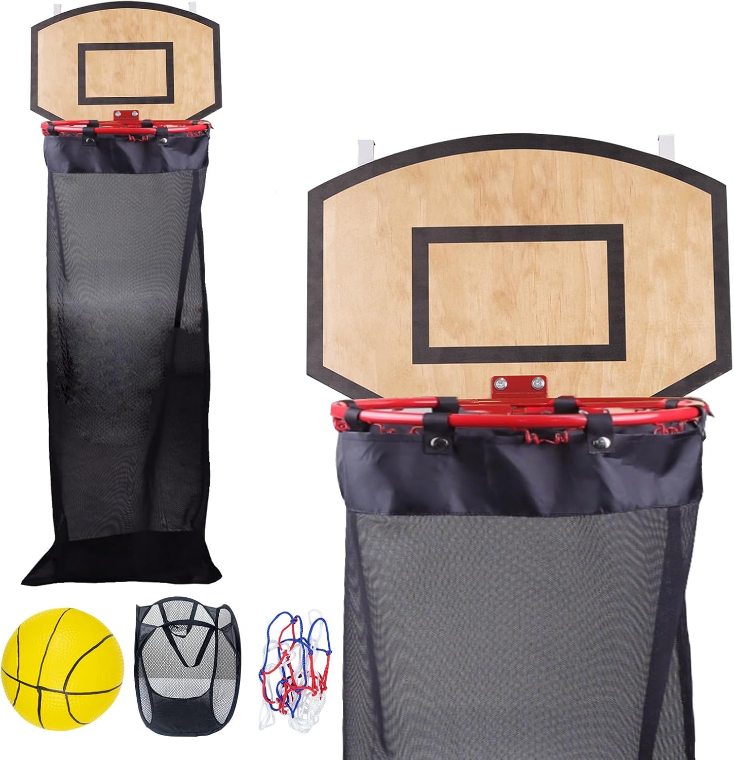 Basketball Laundry Hamper, Over The Door Hoop with Laundry Basket, Sports-Themed Hamper Organizer Set with Backboard, Ball, Net, Air Pump & Hooks for Bedroom or Bathroom