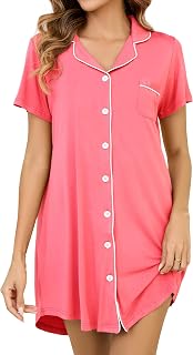 Nightgowns for Women Short Sleeve Button Down Nightshirt Soft Sleepshirt Boyfriend Pajama Dress