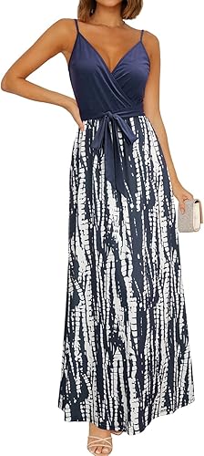 OUGES Womens Summer Maxi Dress V Neck Floral Adjustable Spaghetti Strap Beach Dr