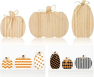 Whaline 3Pcs Unfinished Pumpkin Wooden Cutout with Natural Raffia Pumpkin Shaped Tiered Tray Decor Pumpkin Wooden Table Sign for Fall Thanksgiving Halloween Home Office Table Decor DIY Crafts
