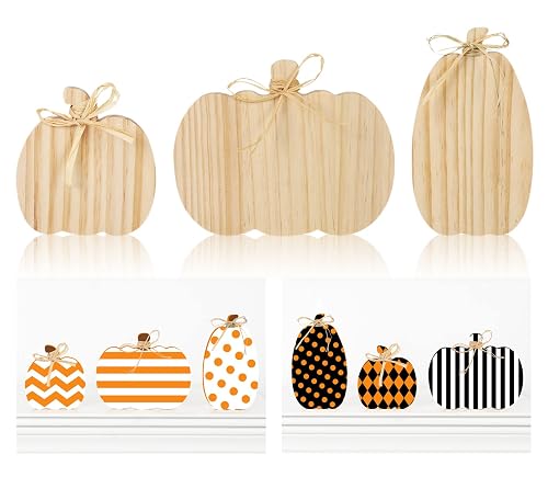 Whaline 3Pcs Unfinished Fall Pumpkin Wooden Cutout with Natural Raffia