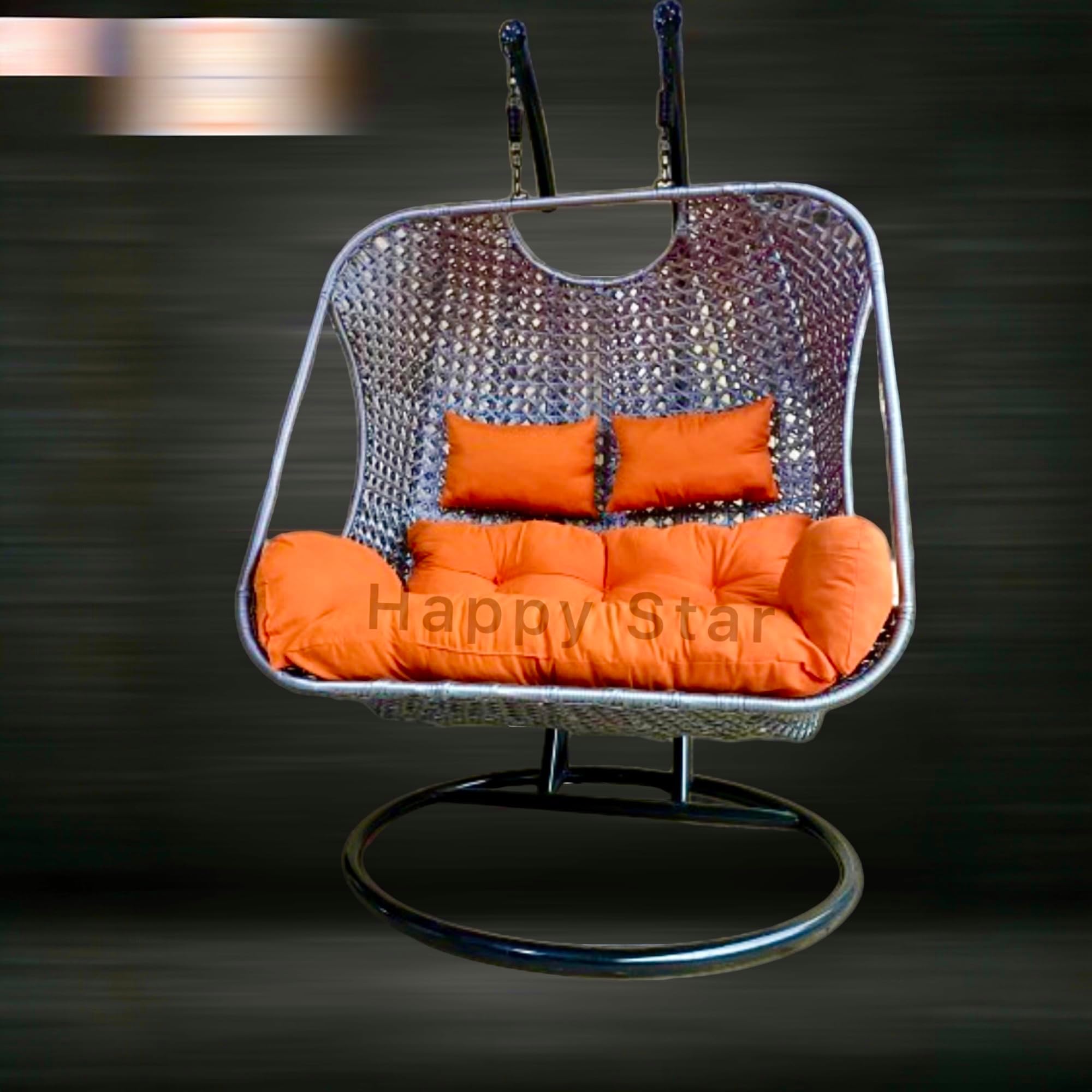 Happy Star Outdoor Furniture Wrought Iron Rattan Wicker Outdoor Patio Furniture Double Seater Swing with Stand and Cushion with Dual Waving (Grey Swing with Orange Cushion) (Orange)