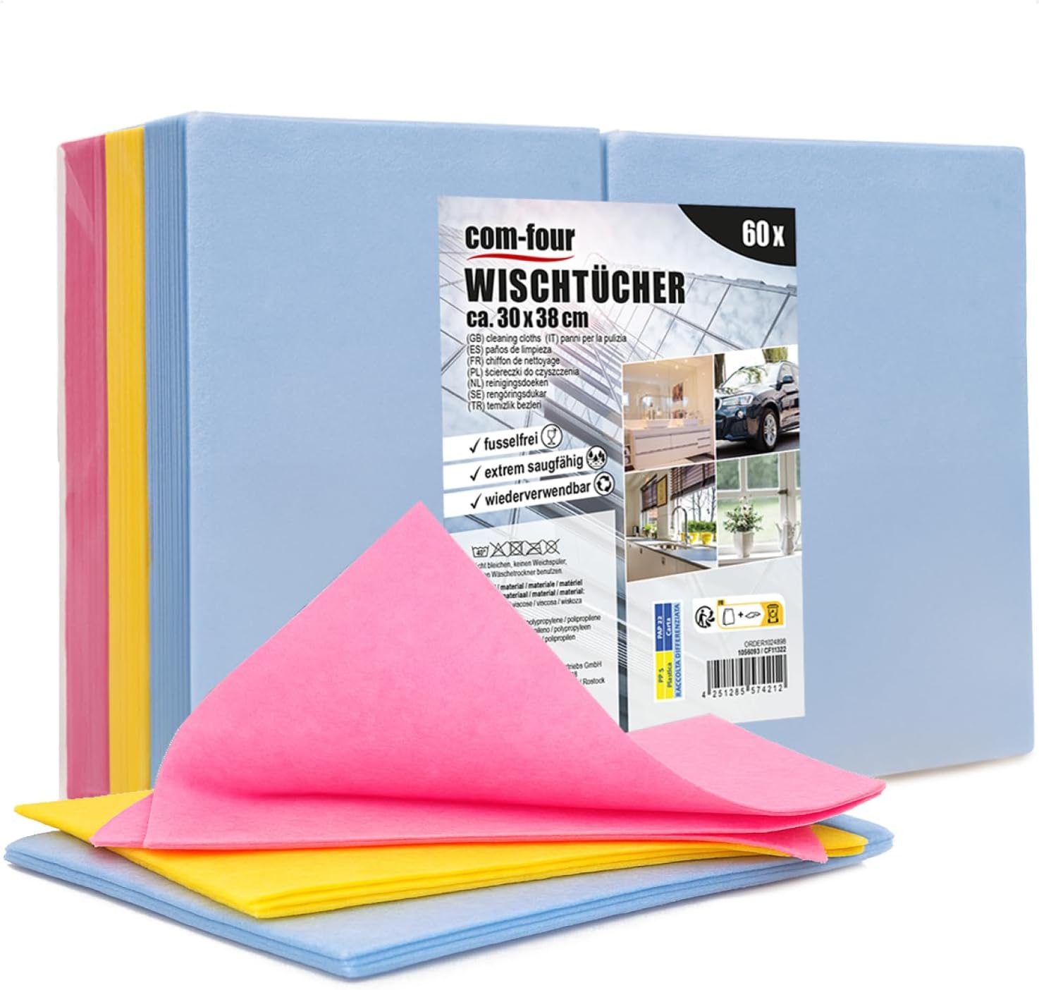 com-four® Toallas para el hogar 60x – Paños de Limpieza Extremadamente absorbentes y duraderos Hechos de Viscosa – Toallitas Multiusos en 3 Colores – Reutilizables (30×38-60 Piezas – 3 Colores)