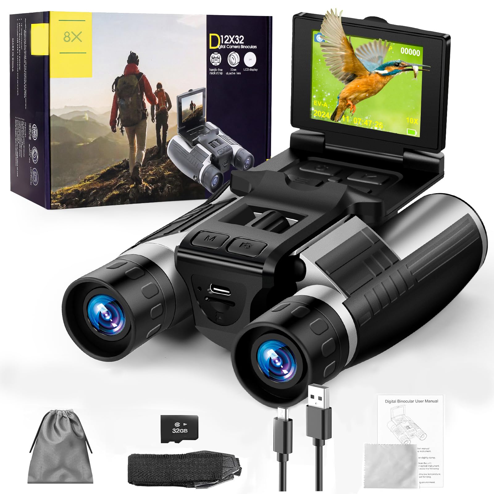 Binocolo digitale LCD da 2,4 pollici con fotocamera 12 x 32 binocolo per adulti 48 MP 2.5 K video HD per bird watching, concerti e avventure all'aperto 32 GB