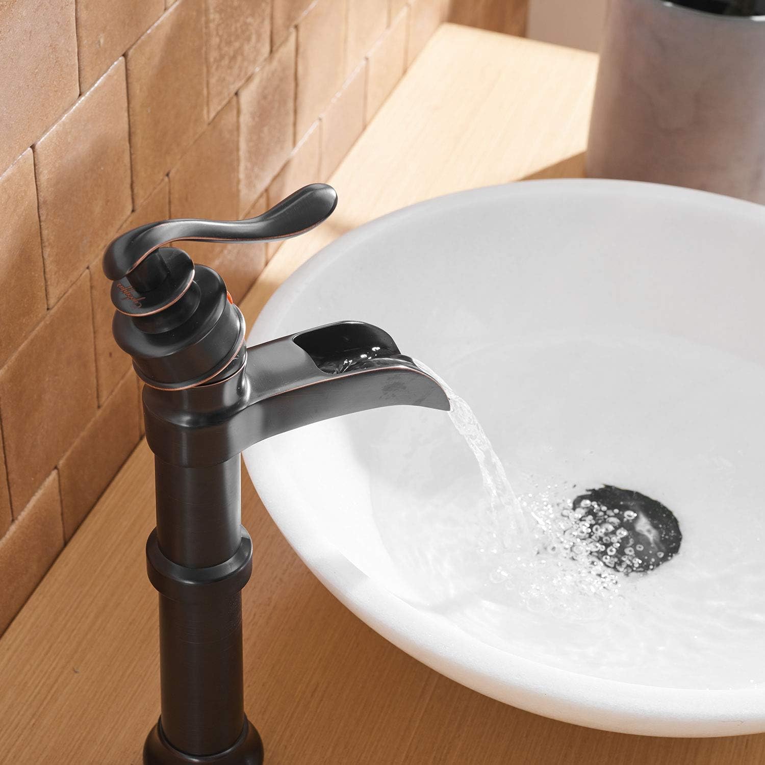 BWE Vessel Sink Faucet Single-Handle with Pop Up Drain Assembly and Supply Hose Lavatory Waterfall Bathroom Faucets Mixer Tap Deck Mounted Oil Rubbed Bronze