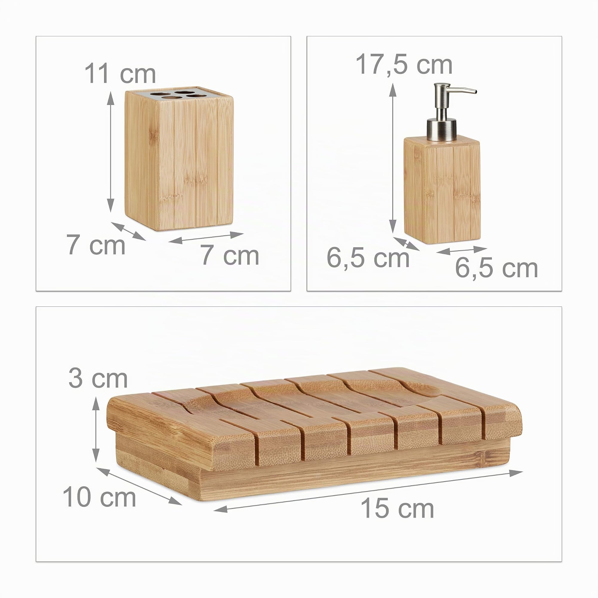 Relaxdays Set Accessori Bagno in Bambù, 3 Oggetti per Lavandino, Dispenser, Porta-Sapone e Portaspazzolini, Marrone