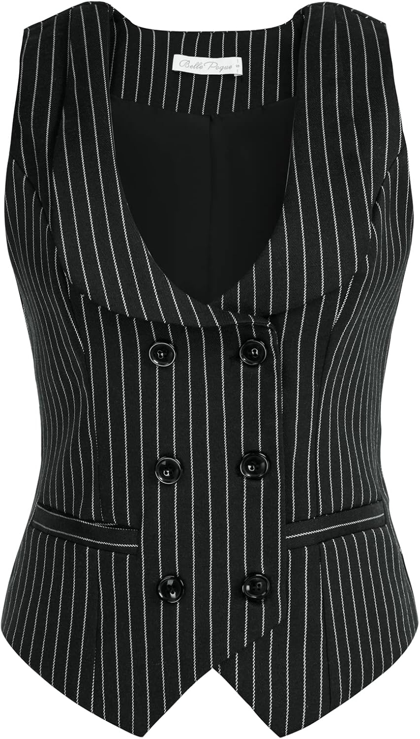Belle Poque Women Double Breasted Waistcoat Vintage Lapel Collar Vest Coat with 2 Pockets