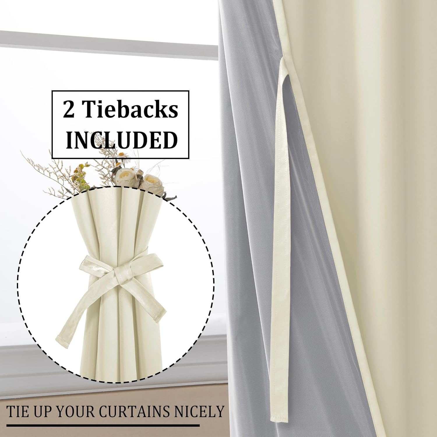 DWCN 100% Blackout Curtains with Tiebacks, Double Layer Thermal Insulated Room Darkening Noise Reducing Grommet Window Curtain Drapes with Black Liner for Kitchen Light Beige, 42 x 63 Inch, 2 Panels