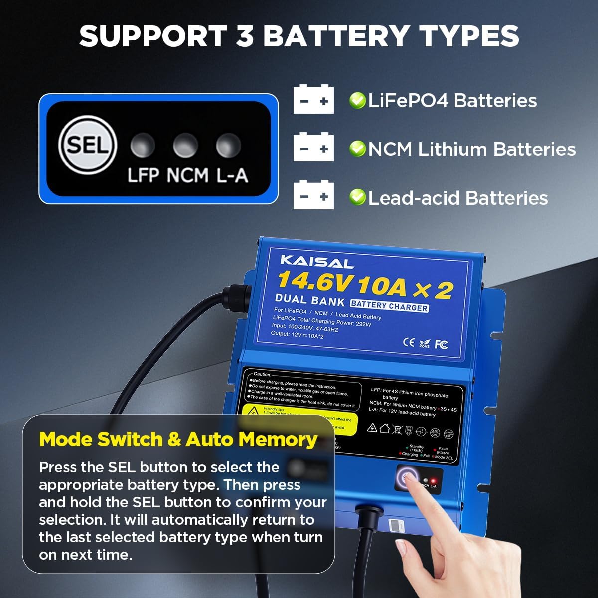 2 Bank Marine Battery Charger 12V 20A(10A/Bank) IP67 Waterproof 14.6V LiFePO4 & Lead-Acid & NCM Lithium Battery Charger 12 Volt 0V Wake Up 12V Charger, Onboard Charger for Boat, Car,RV, Trolling Motor