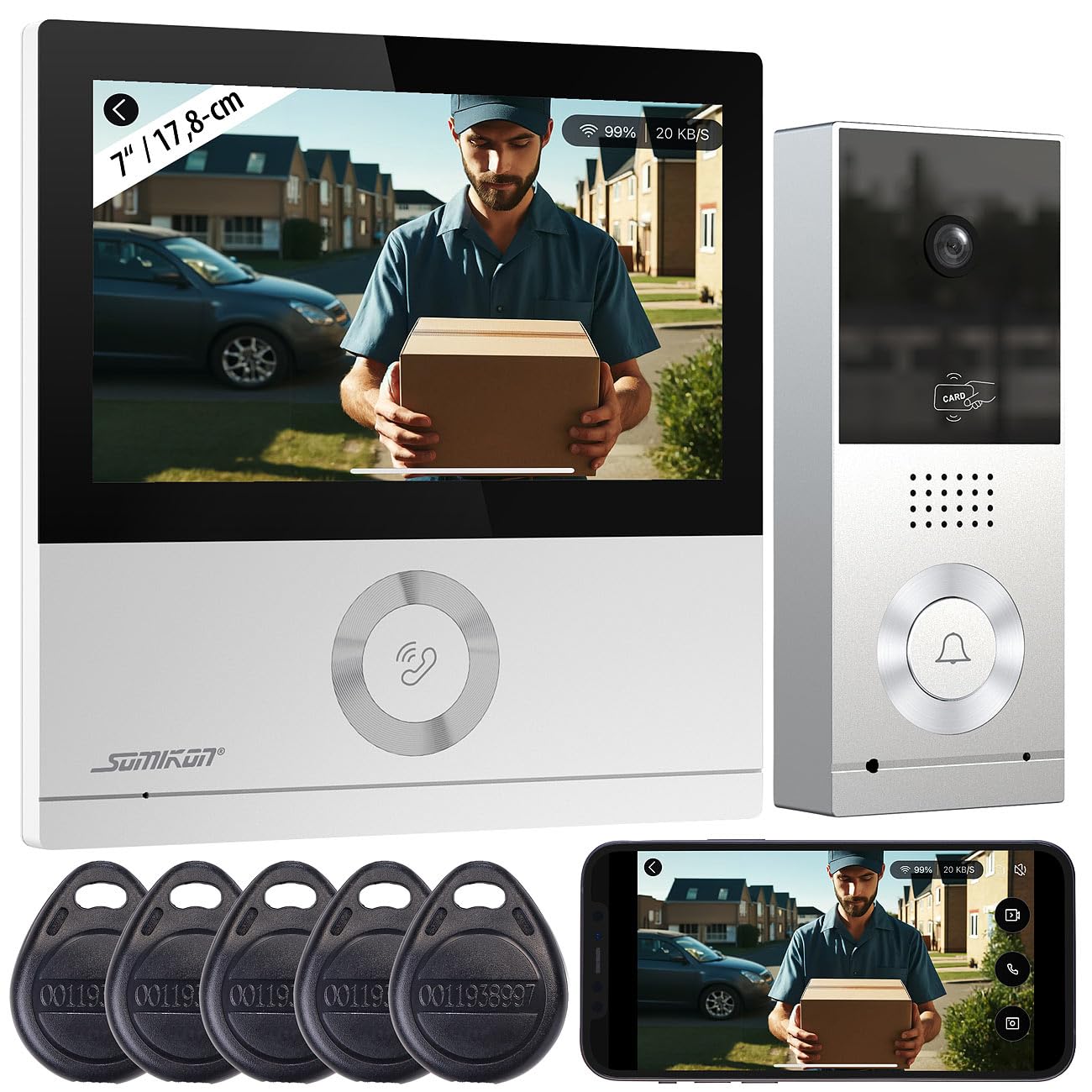 Somikon Türsprechanlage: WLAN-Full-HD-Video-Gegensprechanlage mit 17,8-cm-Touchscreen (7"), App (Gegensprechanlage mit Kamera, Video Türsprechanlage WLAN, Funk)