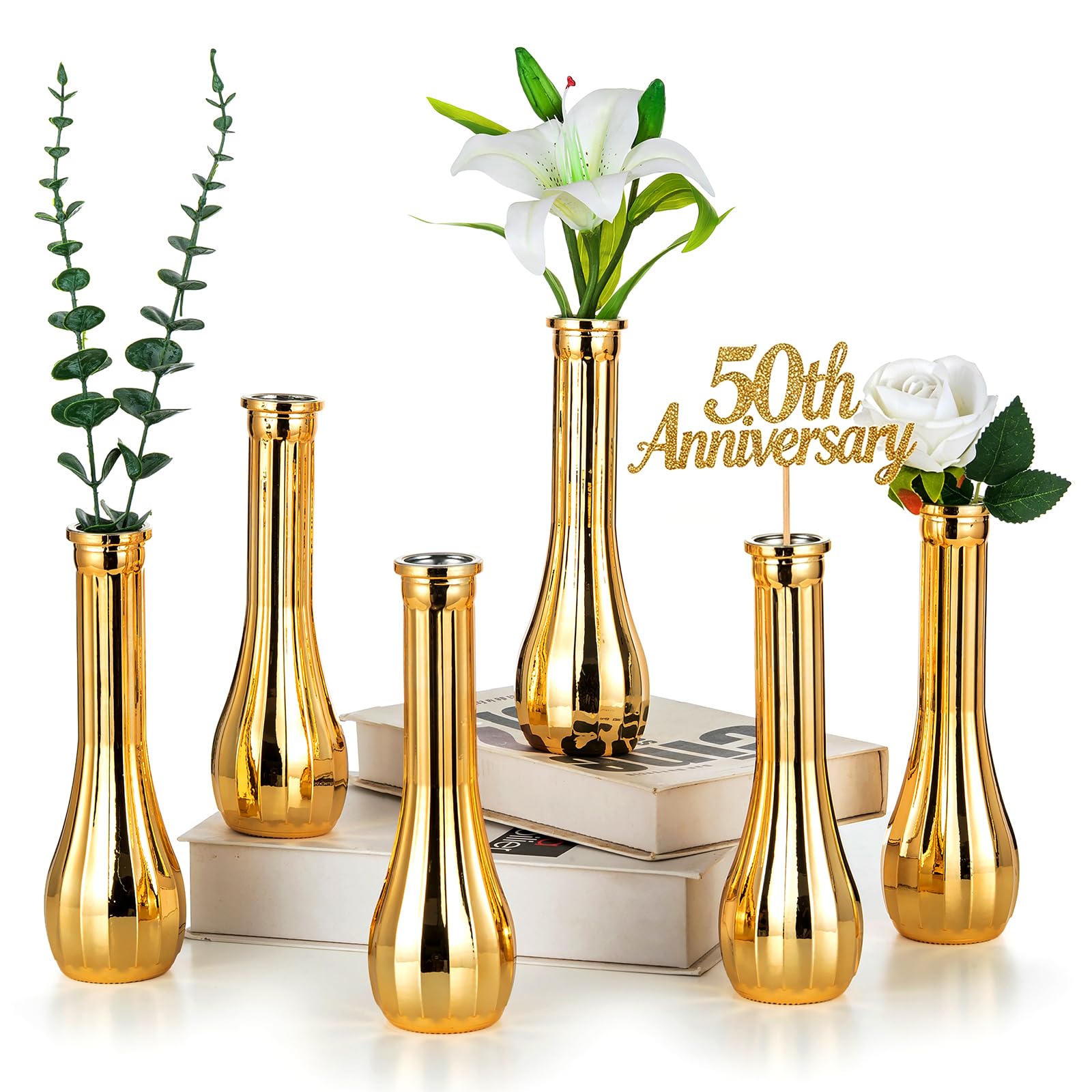 NUPTIO Glass Bud Vases Centrepiece: 21.7cm Tall Gold Flower Vase, Set of 6