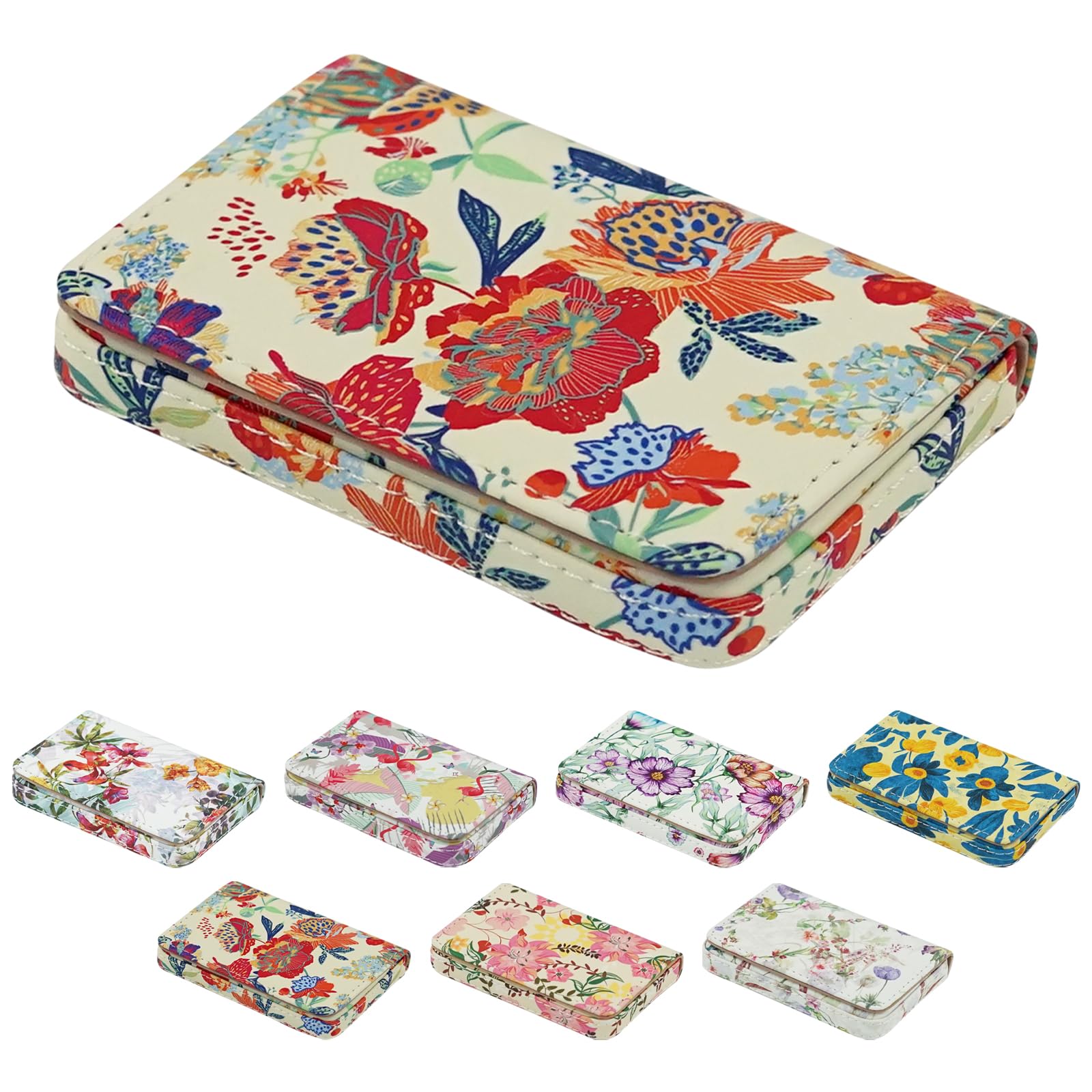 Business Card Holder，PU Leather Business Card Case Color Printing Pattern Card Holder Wallet，Pockets Magnetic Credit Card Holders for Men and Women - Purple Flowers