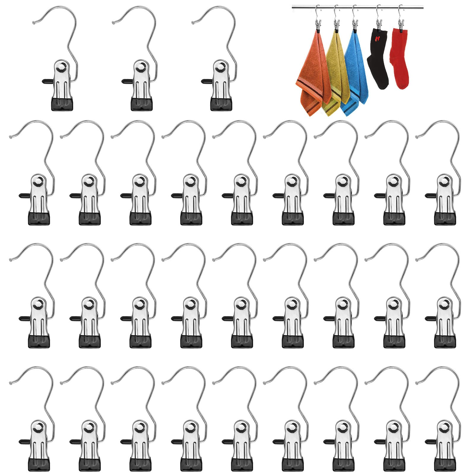 30 Pcs Laundry Hooks, VEGCOO Portable Laundry Hooks No-slip Stainless Steel Clothes Pegs Home Travel Clip Hangers, Multi-function Metal Hangers Clips for Pants, Hats, Towels, Shoes, Socks, Trousers