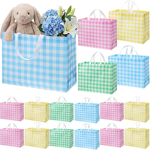Colarr 12 Pcs Extra Large Easter Tote Bags Bulk with Handle Spring Gift Bag Non Woven Buffalo Plaid Waterproof Reusable Bag for Spring Holiday Wedding Party Supplies,16.5'' x 13 "x 7''