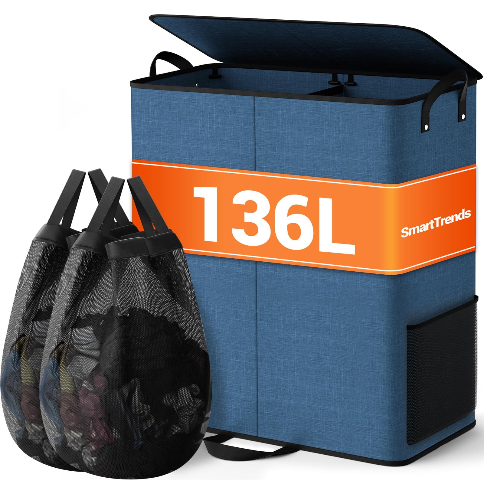 SmartTrends Large Double Laundry Hamper with Lid, Removable Bags & Reinforced Handles, 2 Section Tall Laundry Basket, Dirty Clothes Hampers for