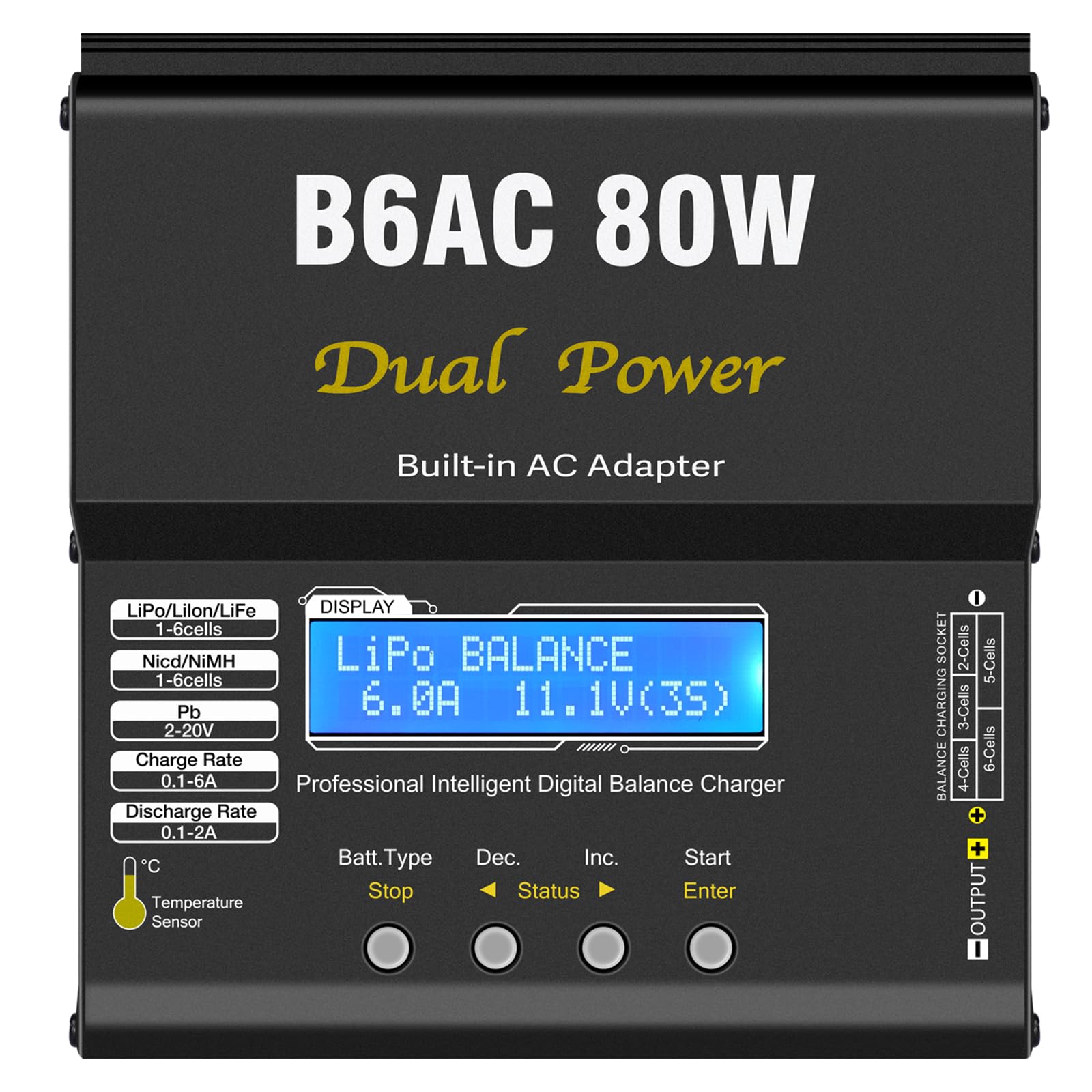 HTRC B6AC 6A LiPo Ladegerät Balancer 80W RC Akku Ladegerät für LiPo/Li-Ion/LiFe (1-6S), NiMH/NiCd (1-15S), PB (2-20V), LED-Display, 5 Speicherprofile, Metallgehäuse, XT60/T-Stecker/Tamiya/Krokoklemmen