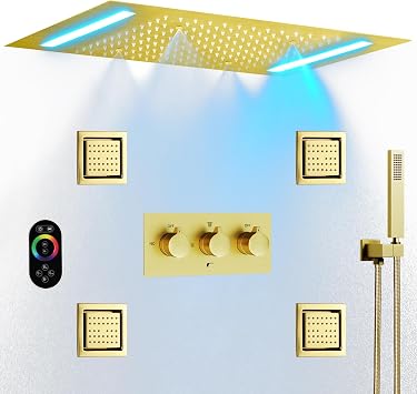 Bathroom Brushed Gold Ceiling 20X14 Inch Rain Shower Head With LED Control Spa Bath Body Massage Combo Set Luxury Rainfall Shower System Fixtures