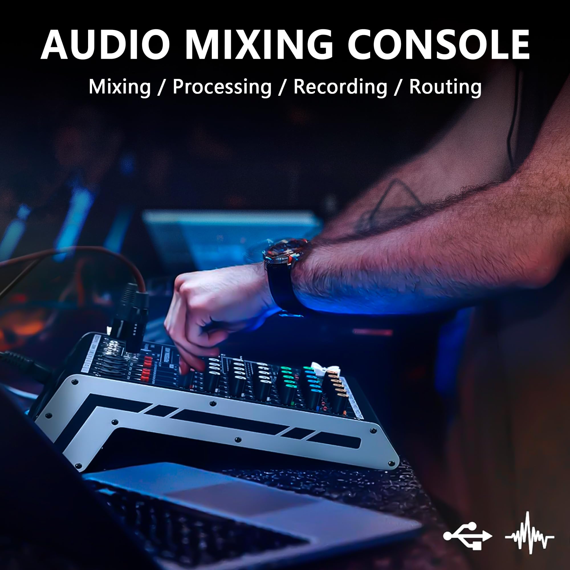 Table de mixage professionnelle 6 canaux Interface numérique USB MP3 Entrée 48 V Phantom Power Stereo DJ Studio FX Châssis en acier, noir Bluetooth USB Audio Mixer pour PC