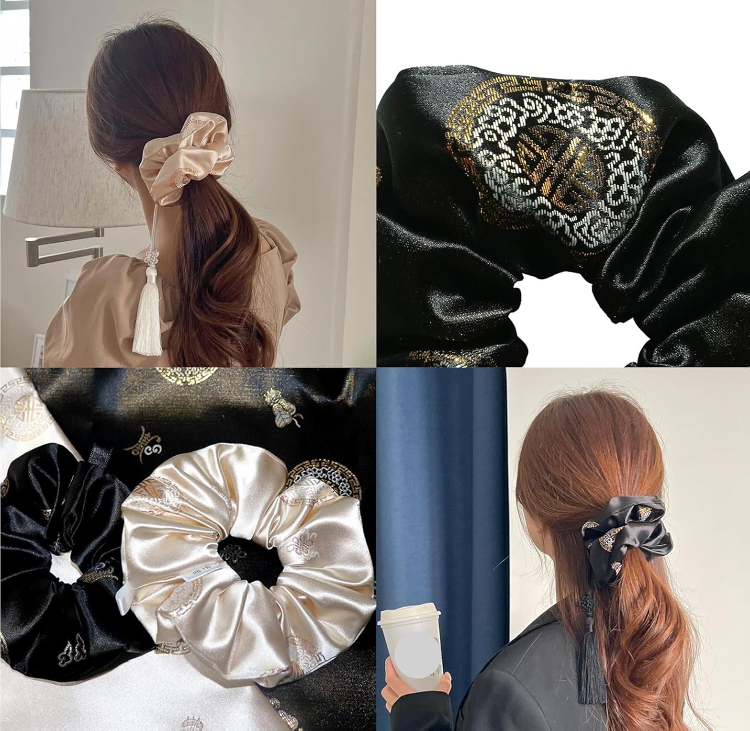 Generic Handmade Hanbok Scrunchies and Hair Ties for Women and Girls (Beige)