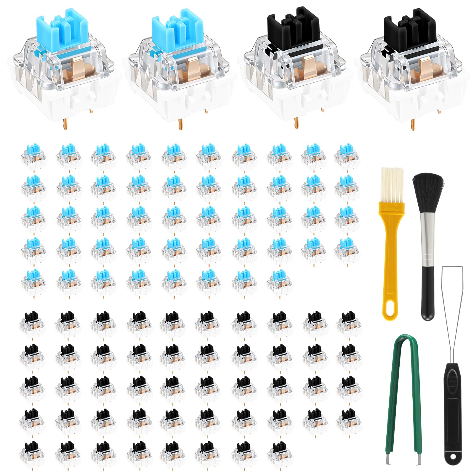 View 1 of 100 Pcs Clicky Mechanical Keyboard Switches, 3-Pin Keyboard Clicker with Switch Puller & Brush, Dustproof & Waterproof Keyboards Accessories for Mechanical Gaming Keyboards (50Pcs Blue & 50Pcs Black)