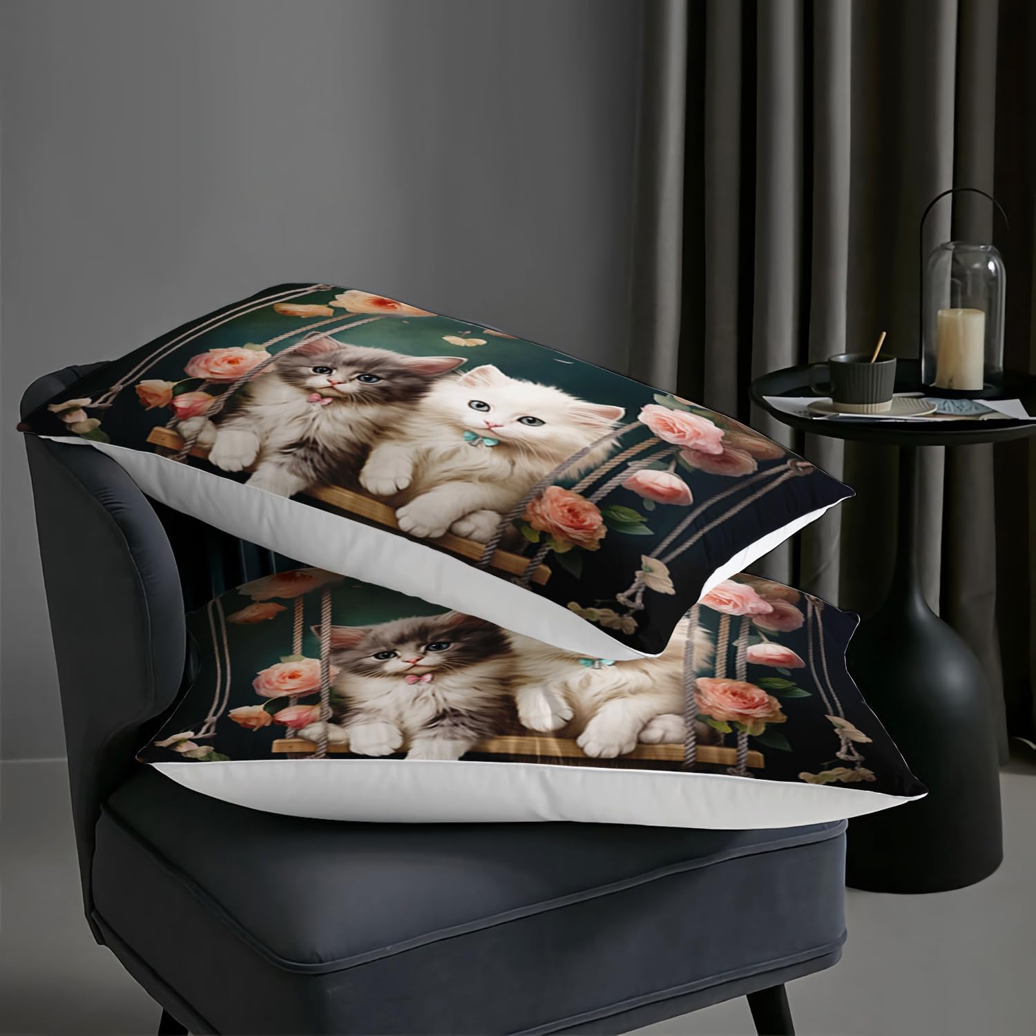 AILONEN Cartoon Beautiful Cat Comforter Set Full Size, Kawaii Kittens with Flower Bedding Set for Kids Girls Boys,Cat Lovers Animal Duvet Set,1 Quilt 2 Pillowcases,3 Picecs