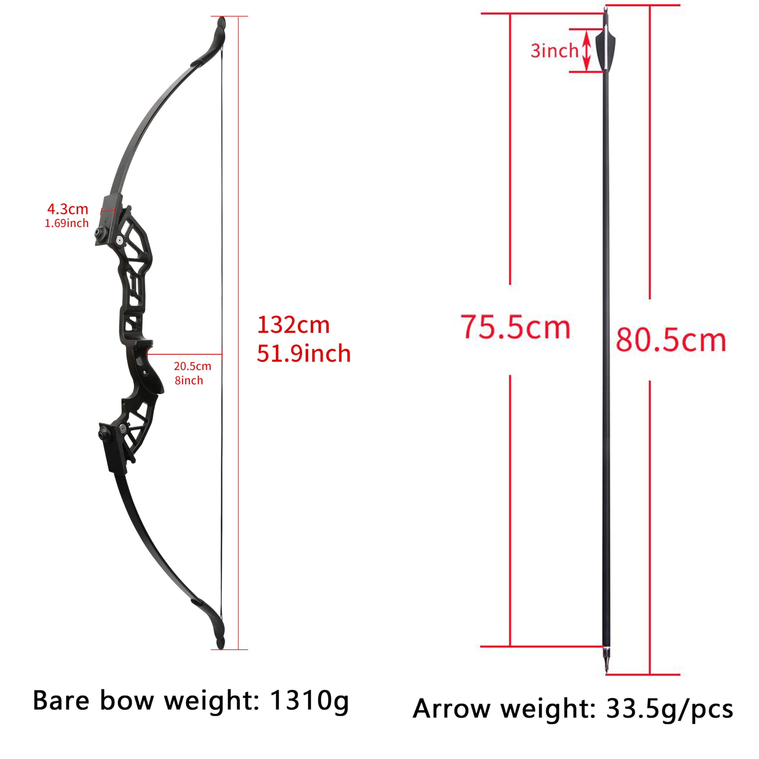 Set arco ricurvo smontabile per tiro con l'arco 30-53 libbre Peso di trazione regolabile Kit arco da caccia e frecce Tiro al bersaglio Arco lungo