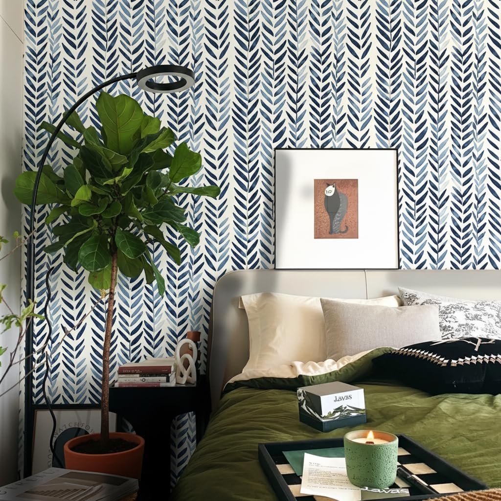 Blue and White Boho Wallpaper Peel and Stick 17.3"x78.7" Herringbone Vintage Floral Removable Renter Friendly Wallpaper for Bedroom Walls Self Adhesive Contact Paper for Cabinet Drawer B4-2