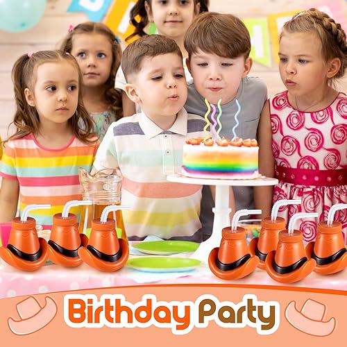 Miniatura 6 de Amyhill Vasos de sombrero de vaquero con tapas y pajitas de plástico de 12 onzas para suministros de fiesta occidental, decoraciones de fiesta de