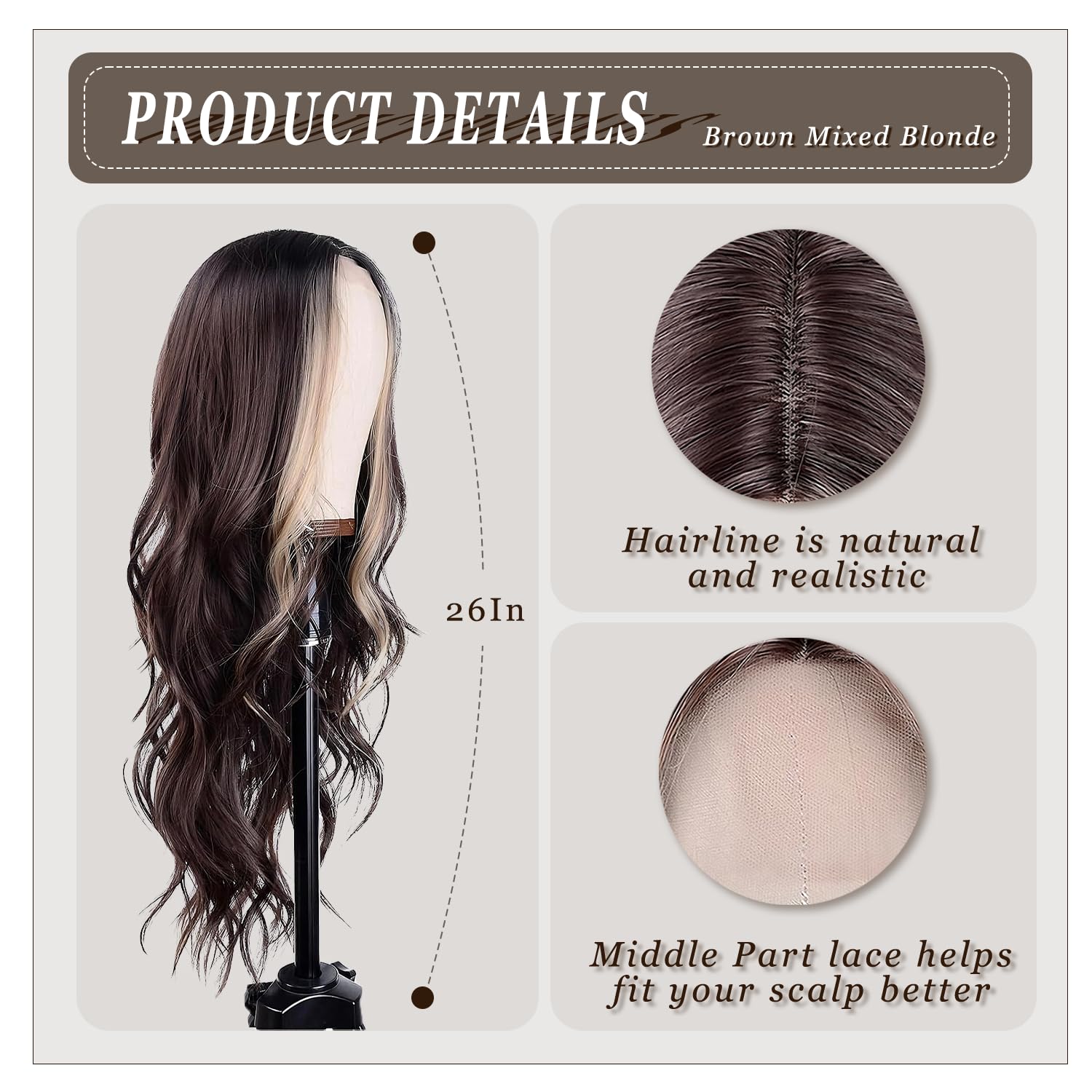 Brown Mixed Blonde Wig for Women 26 Inch Long Wavy Synthetic Wig with Middle Part Natural Looking Heat Resistant Hair Wig for Daily Wear, Cosplay, Party & Halloween - Image 4