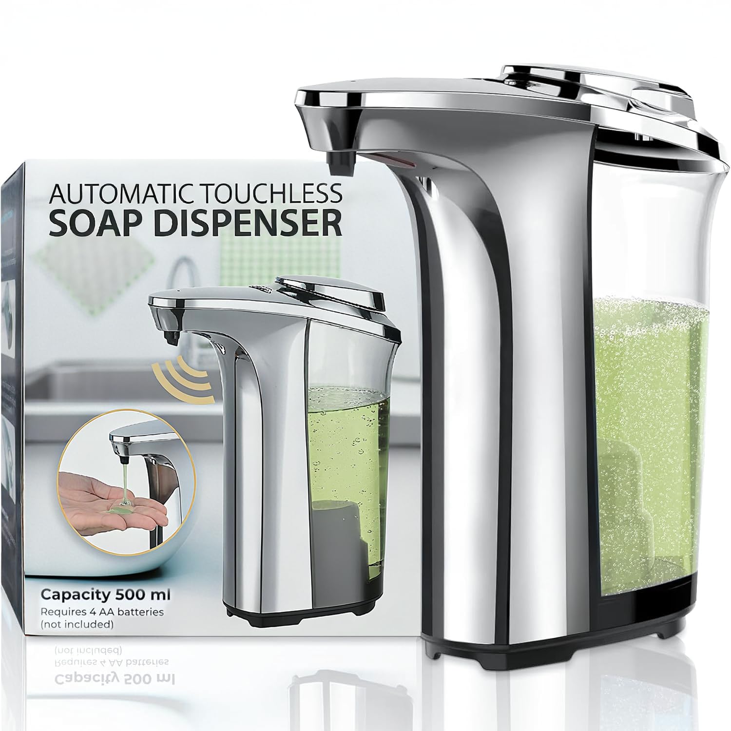 FKWin Automatic Soap Dispenser, Touchless Sensor Hand Soap Dispenser 17oz/500ml, 5 Adjustable Dispensing, Wide Opening Refillable Reservoir, Battery Powered for Bathroom & Kitchen – Silver