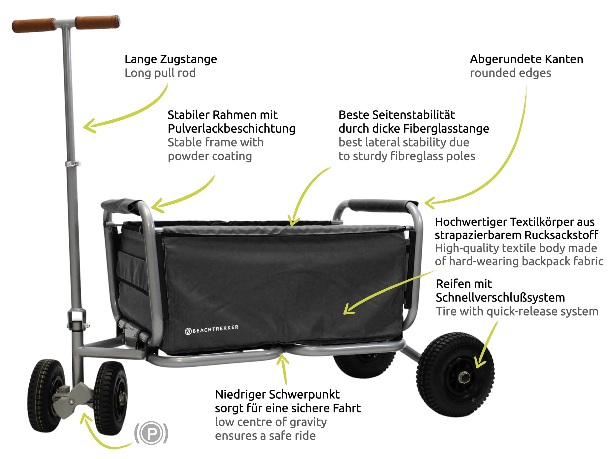New Beachtrekker Life Chariot Pliable + Frein de stationnement, Chariot à Main Pliable avec pneus pneumatiques (Noir)