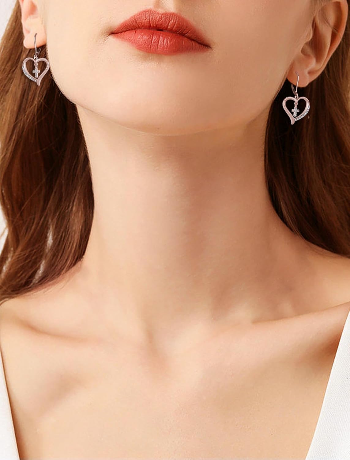 Sterling Silver Religious Earring for Women Heart Cross Drop Dangle Leverback Earrings Christian Birthstone Religious Jewelry with White Gold/Rose Gold/Gold Plated - Image 3