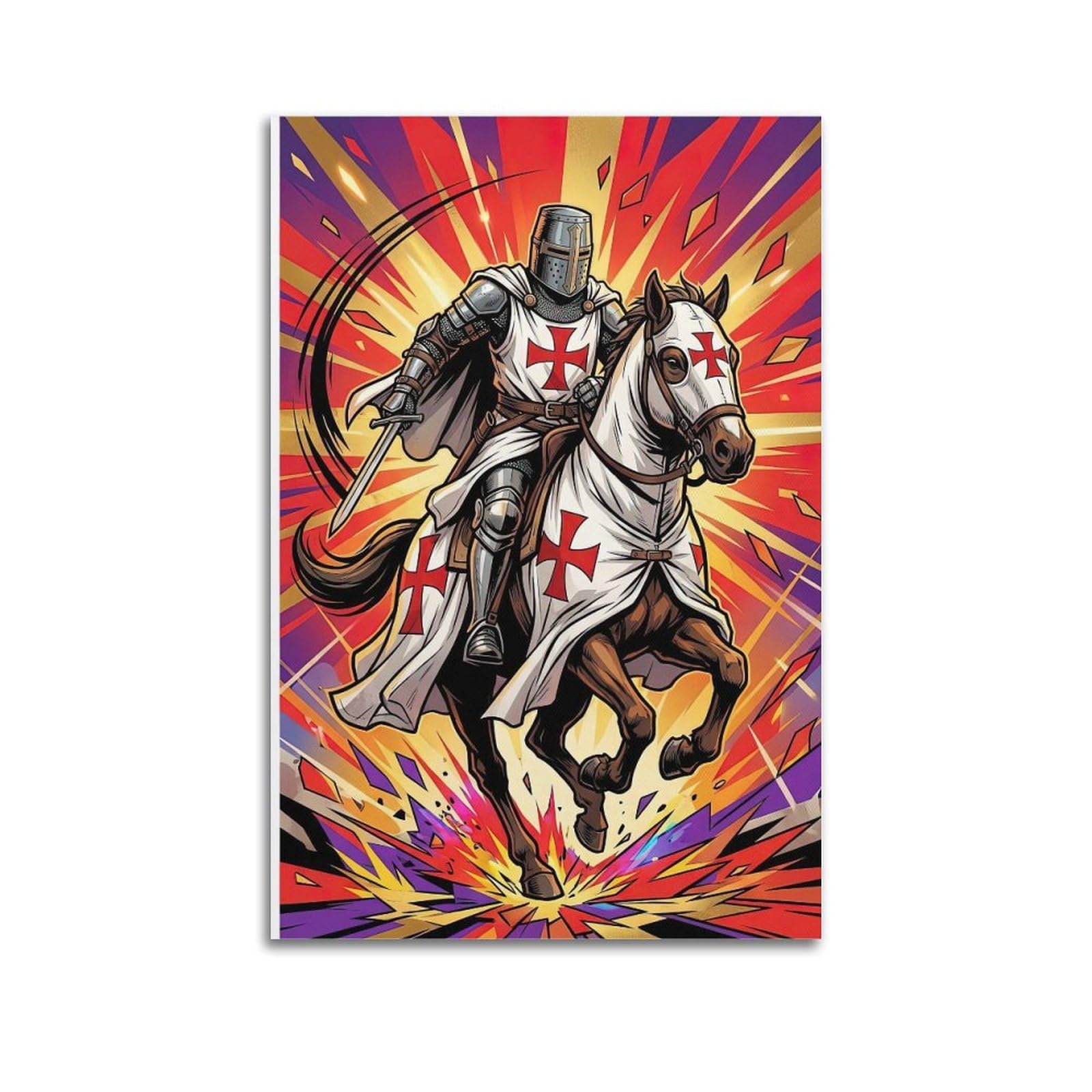 OKNGB Mounted Horse Templar Knight Poster Charge Holy Aura Medieval Decorative Painting Canvas Art Picture 20x30inch(50x75cm)