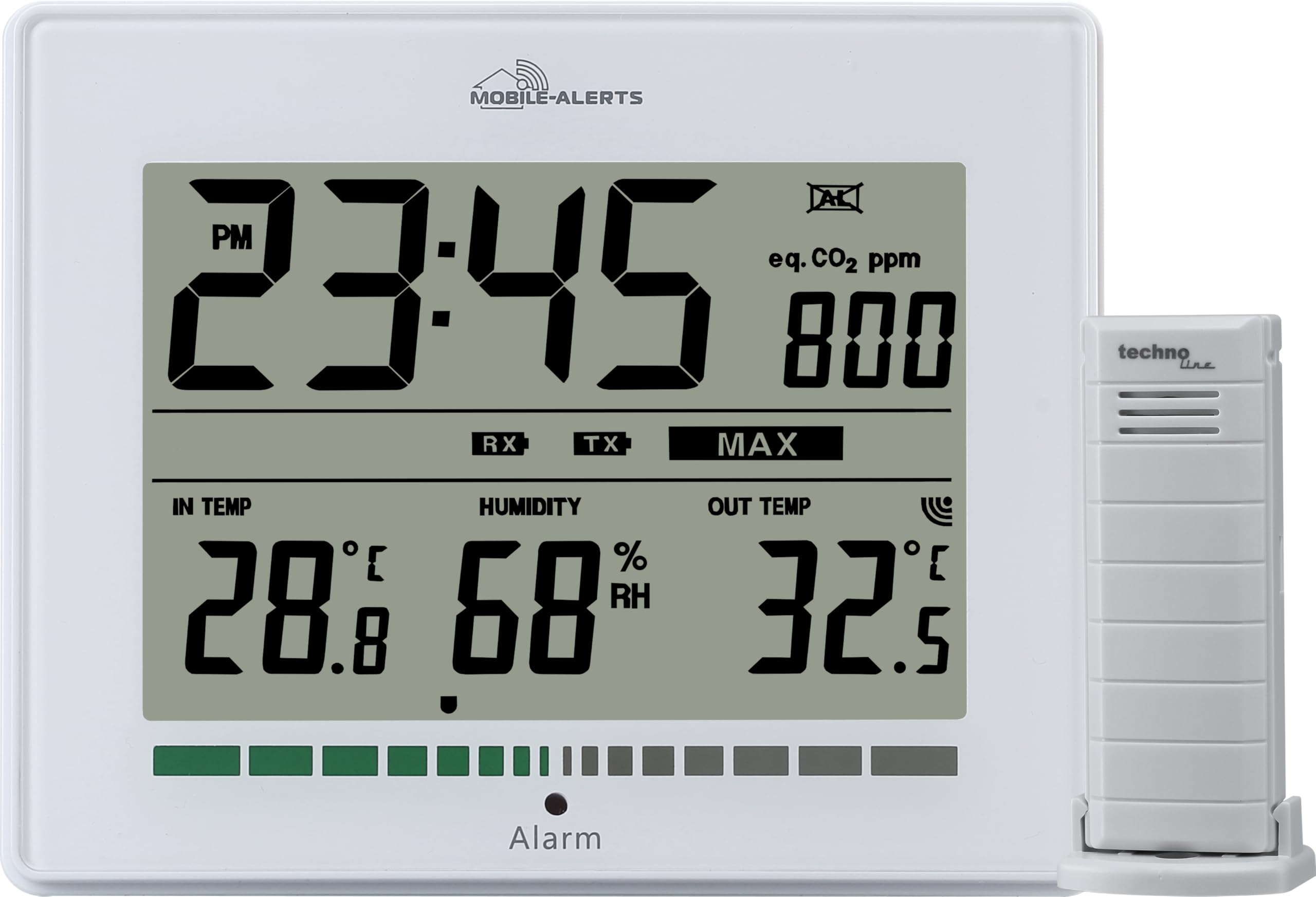technoline MA10402 monitor jakości powietrza, mierzy jakość powietrza, alarm za pośrednictwem LED w przypadku złej wartości ppm = zalecenie wentylacji, wskaźnik temperatury, wskaźnik wilgotności