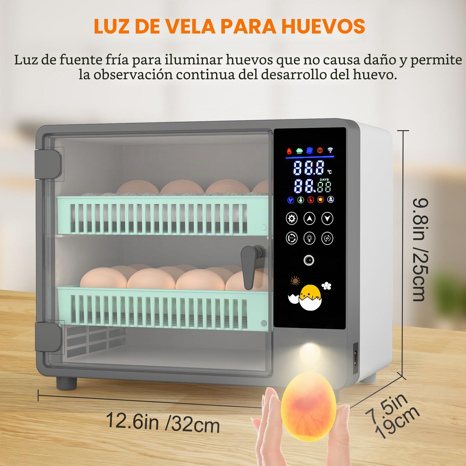 Incubadora Huevos Gallina, Incubadora 24 Huevos Automática con Doble Alimentación 12V/220V, Volteo Automático, Humidificación Ultrasónica, Pantalla LED y Mirahuevos, para Gallina, Pato y Codorniz
