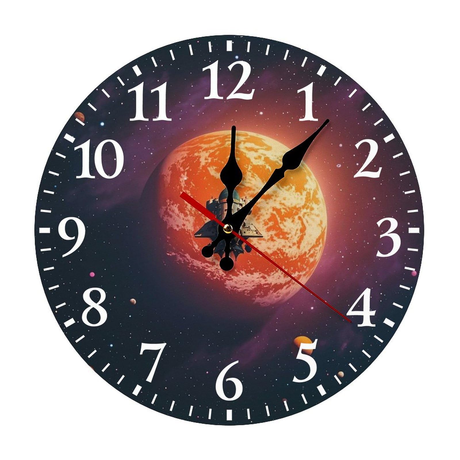 QMNLKH Sunset in Outer Space Wall Clock for Home, Battery Operated Clock for Hotel, Round Wall Clock with Arabic Numerals White, Easy to Read, Non-Ticking Clocks for Living Room 25 * 25cm
