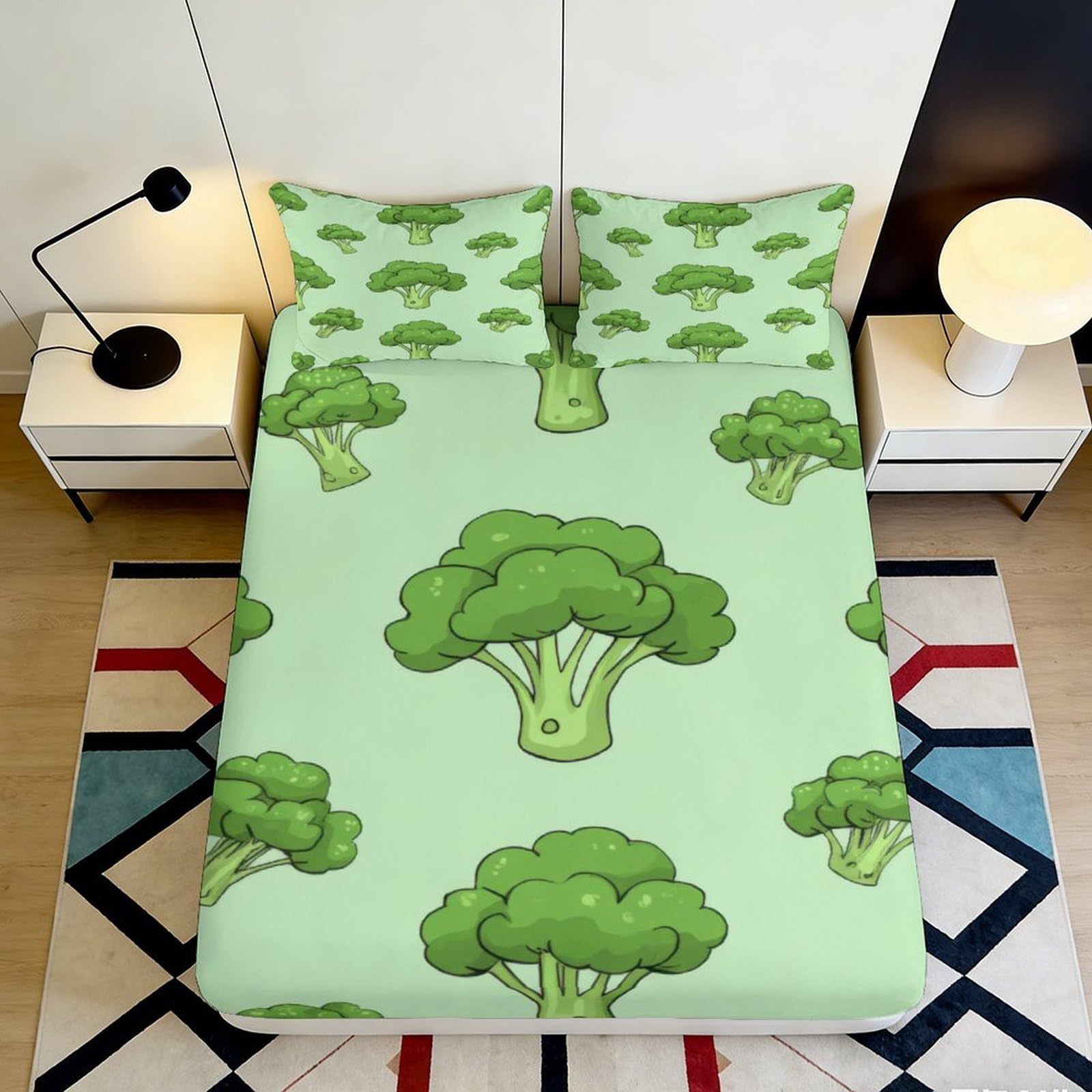 3D Printed Broccoli Fitted Sheet Microfiber Soft Breathable Broccoli Floret Bed Cover for Bedroom Dormitory Guest Room Mattress Protection Decor 140x200x25cm