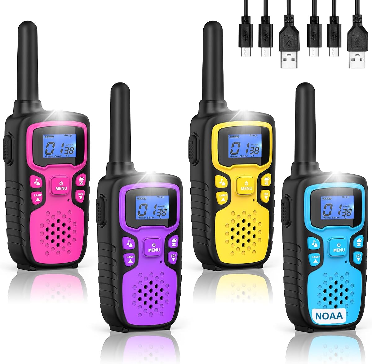 Walkie Talkies for Kids Rechargeable Long Range,Xmas Birthday Gift for 5 6 7 8 9 10 11 12 Year Old Boys Girls,Hiking Gear Camping Games with NOAA,SOS Siren,Lamp,Lanyards,Easy to Use,4 Pack