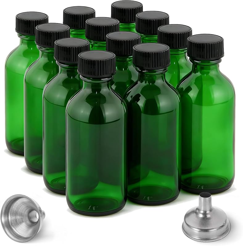 DIDITIME Frascos de vidro reutilizáveis verde-oliva com tampas e funil de aço inoxidável, 60 mL, Pacote com 12