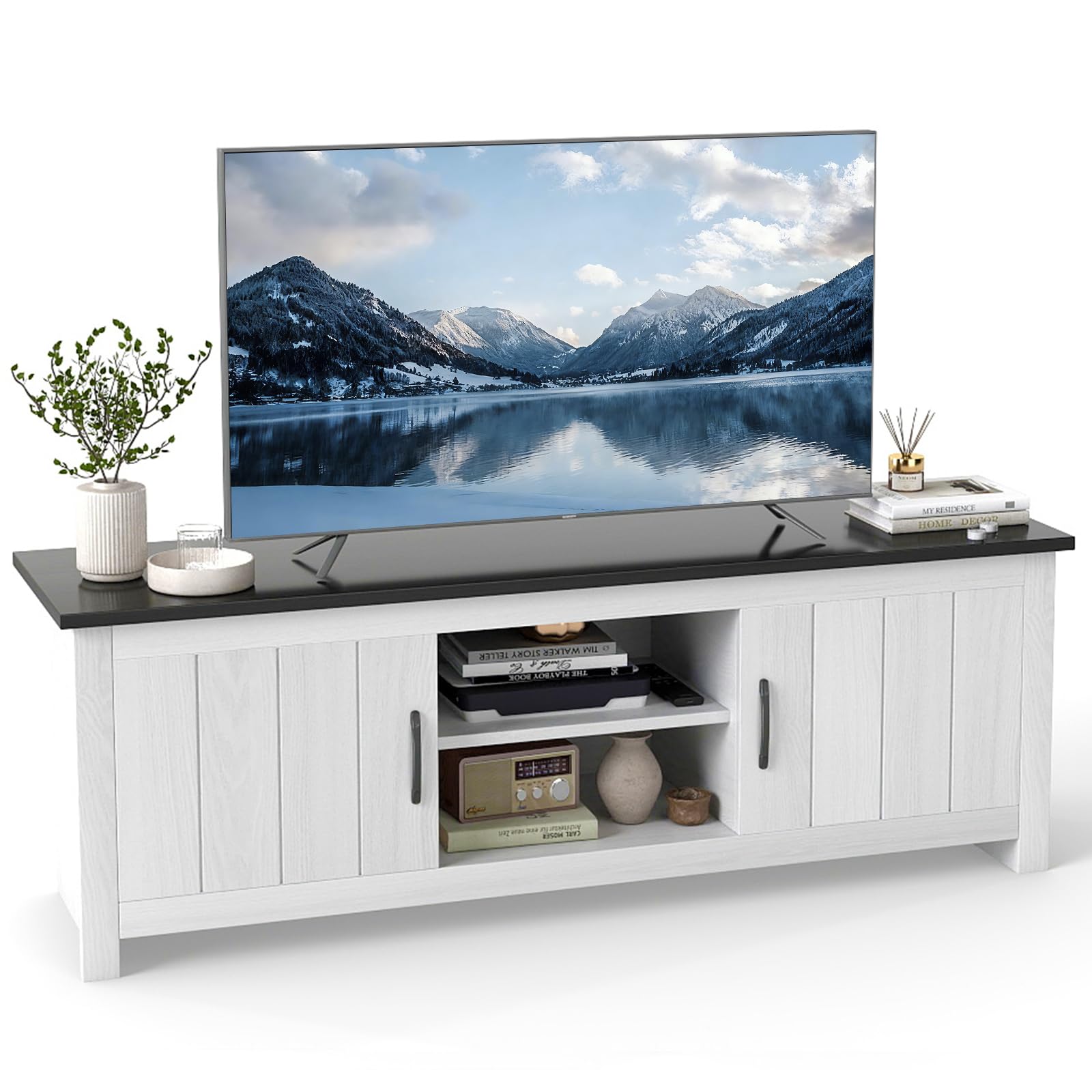 COSTWAY TV Stand for TVs up to 65 Inches, Wooden TV Cabinet Media Entertainment Center with 2 Doors and Storage Shelves, 145cm Modern TV Unit Console Table for Living Room Bedroom (Black+White)