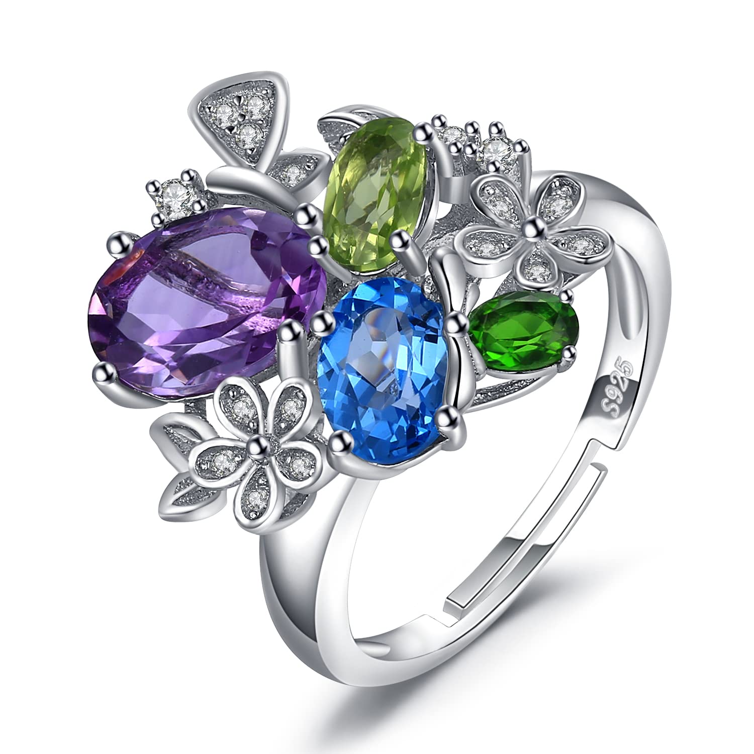 JewelryPalace Flor Anillo Mujer Plata Oro 14k Oro Rosa, Anillo Ajustable Natural Amatista Púrpura Peridoto Diópsido de Cromo Verde Topacio Azul, Anillos Niña de Cóctel Abiertos, Joyas de Mujer