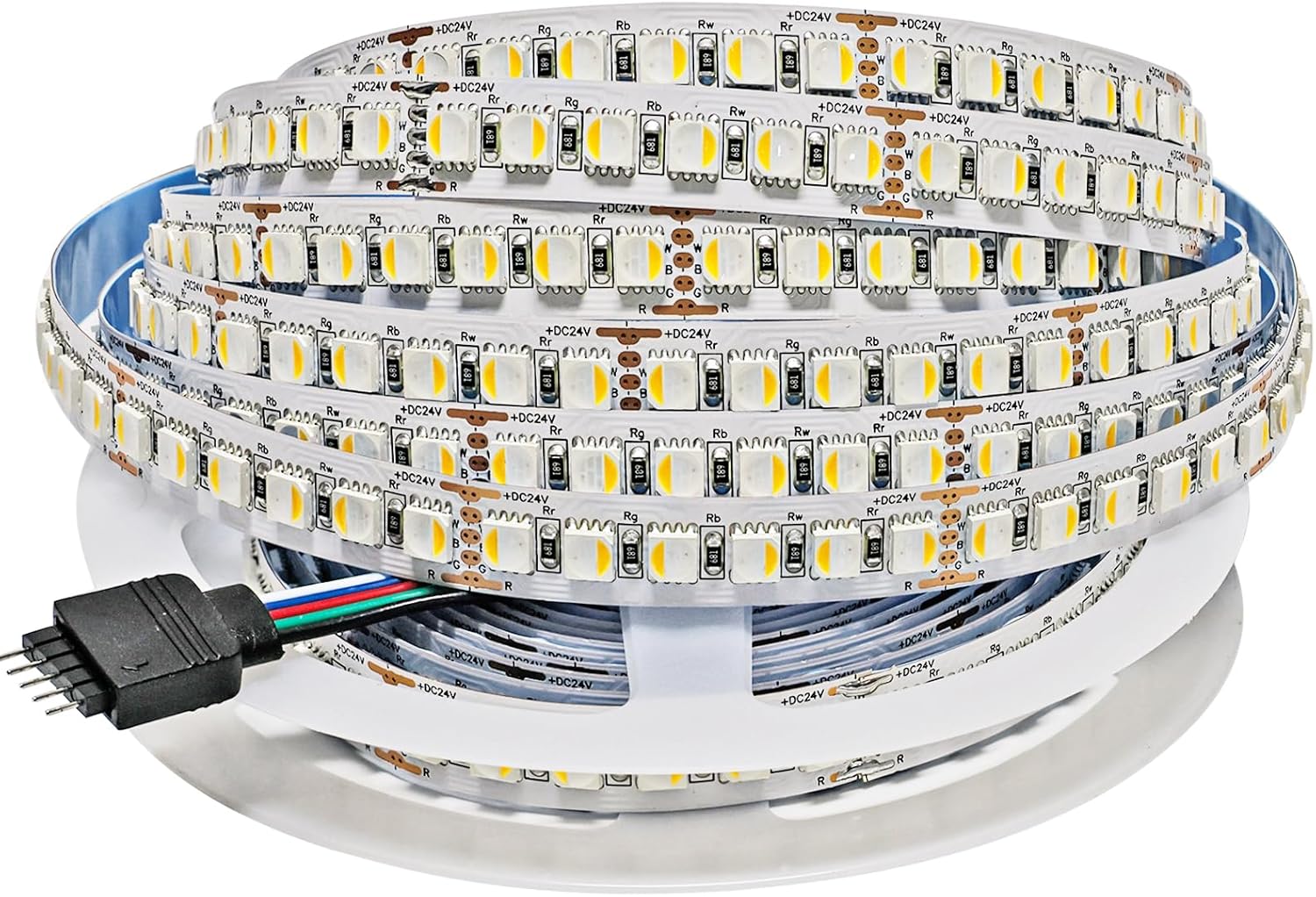24V LED Strip Lights, 4 in 1 RGBW RGB + White 6000K 16.4ft Total 600 LEDs Mixed Color Rope Light Strip SMD 5050 IP20 for Bedroom, Kitchen Decoration