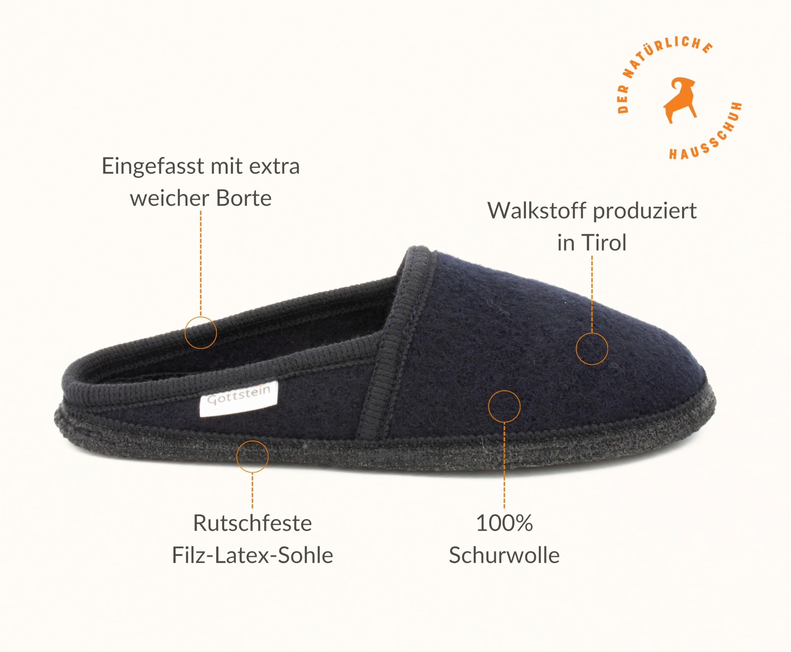 Gottstein Filzpantoffel Villach aus Mulesing-freier Schaf-Schurwolle – Handgefertigte Hausschuhe aus Wollfilz für Damen & Herren Größe EU 36-46 – Patentierte naturub® Naturkatschuksohle